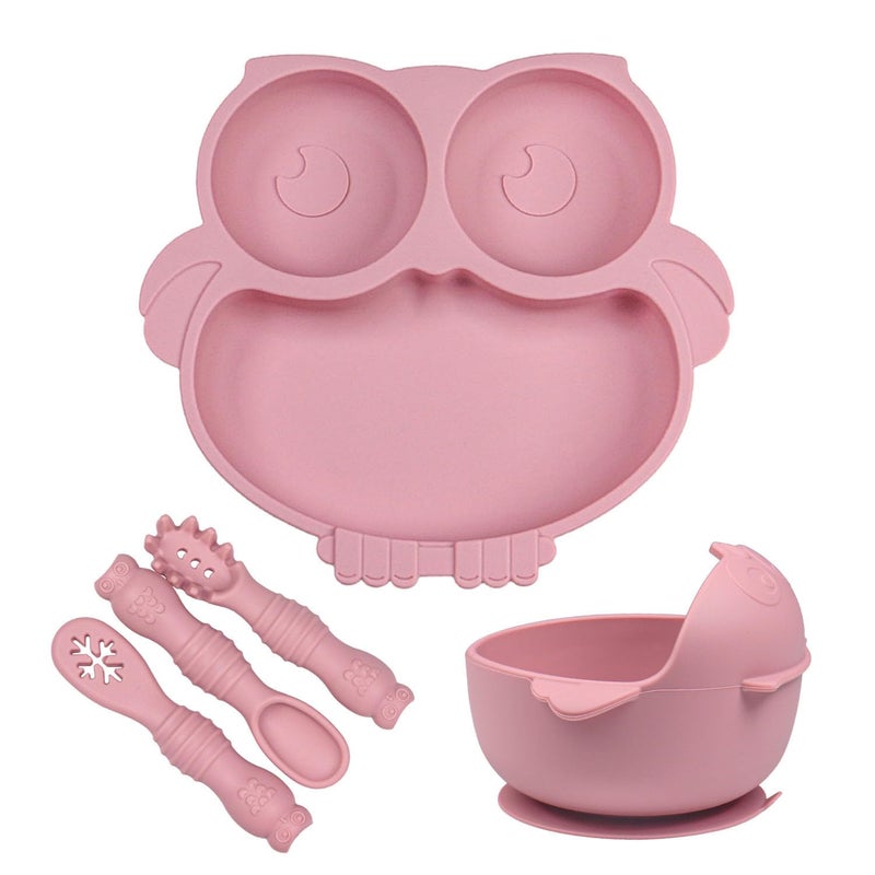 IDVVSSX Owl Shape Silicone Baby Feeding Set, Toddler Suction Plates and Bowls Set with Spoons, Kids Silicone Dinnerware Set Eating Utensils, Pink - Image 1